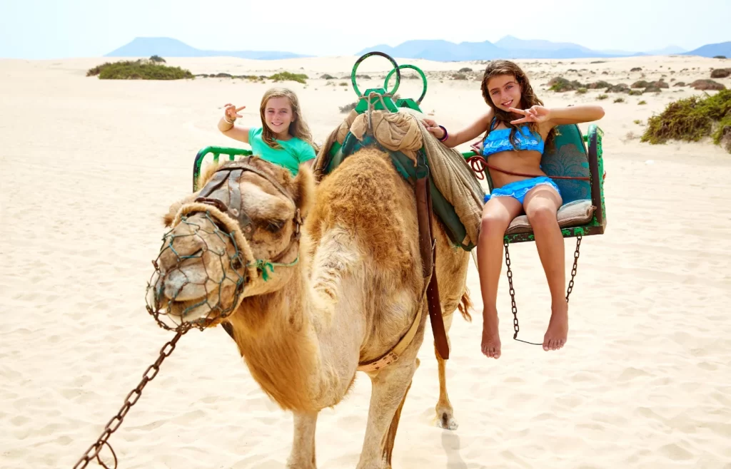 Kids riding on a camel in the desert